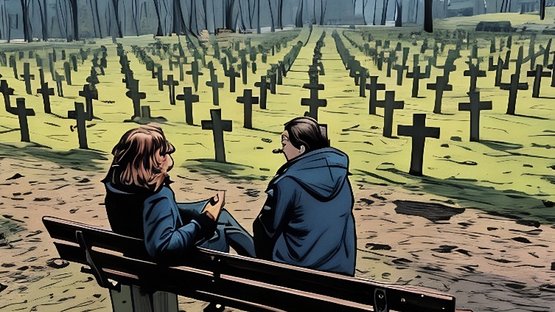 Auf sieht man in "Graphic-novel-Optik" zwei Frauen auf einer Parkbank vor vielen Grabkreuzen sitzend.