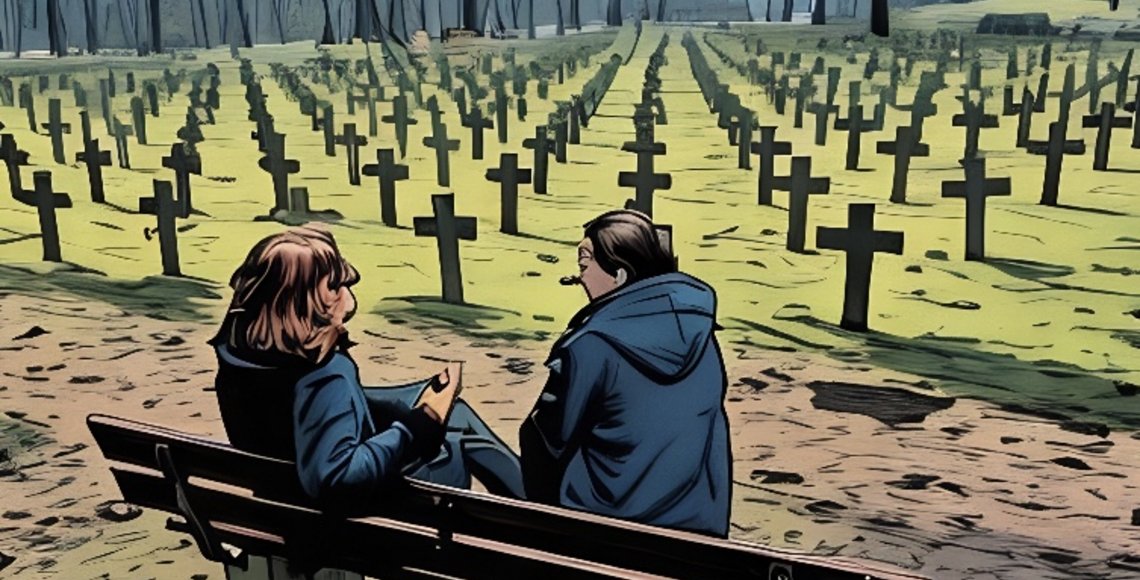 Auf sieht man in "Graphic-novel-Optik" zwei Frauen auf einer Parkbank vor vielen Grabkreuzen sitzend.